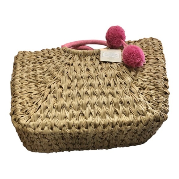 Wicker style straw natural basketweave pink knit pompom oversized beach tote new - Picture 4 of 16